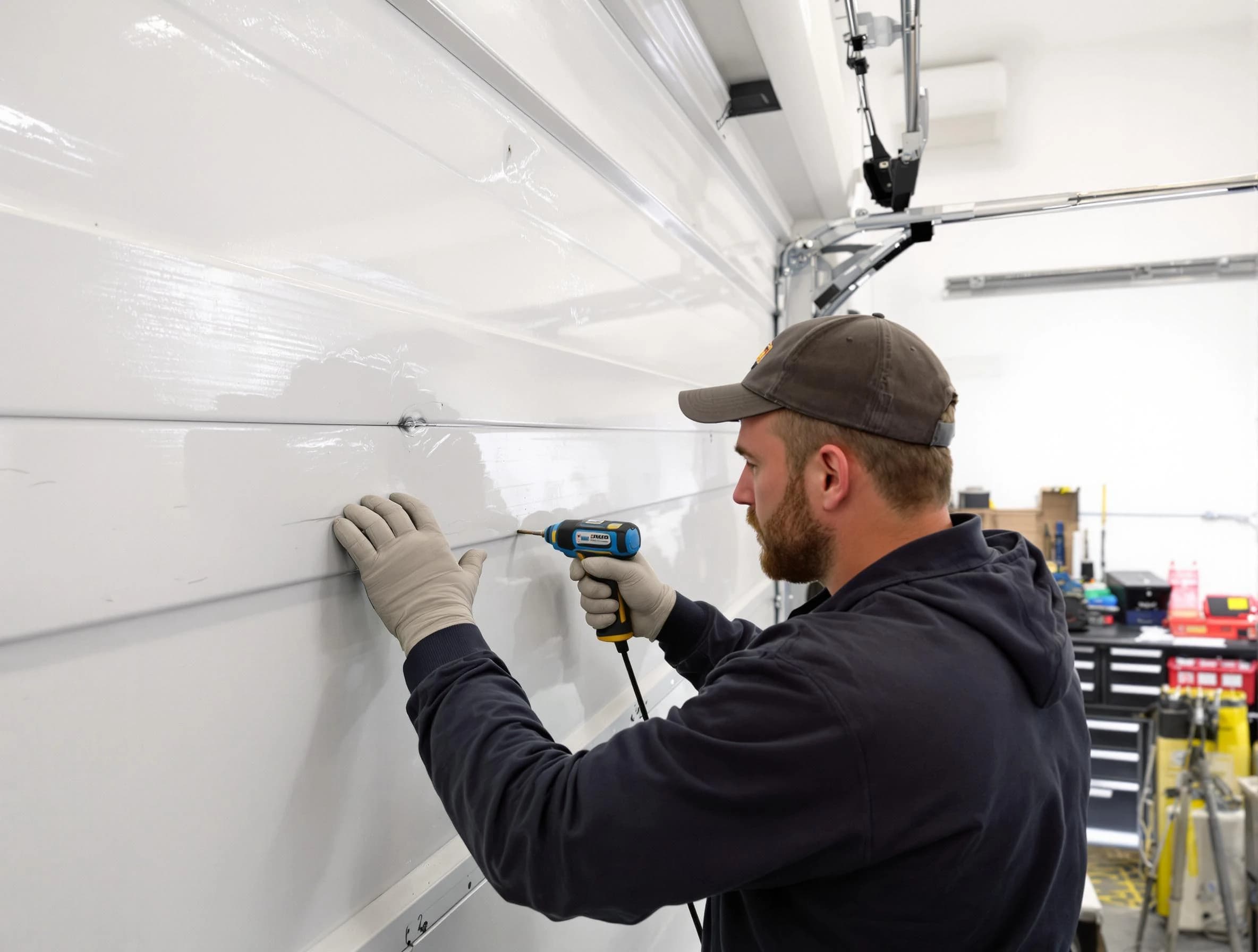 Woburn Garage Door Repair technician demonstrating precision dent removal techniques on a Woburn garage door