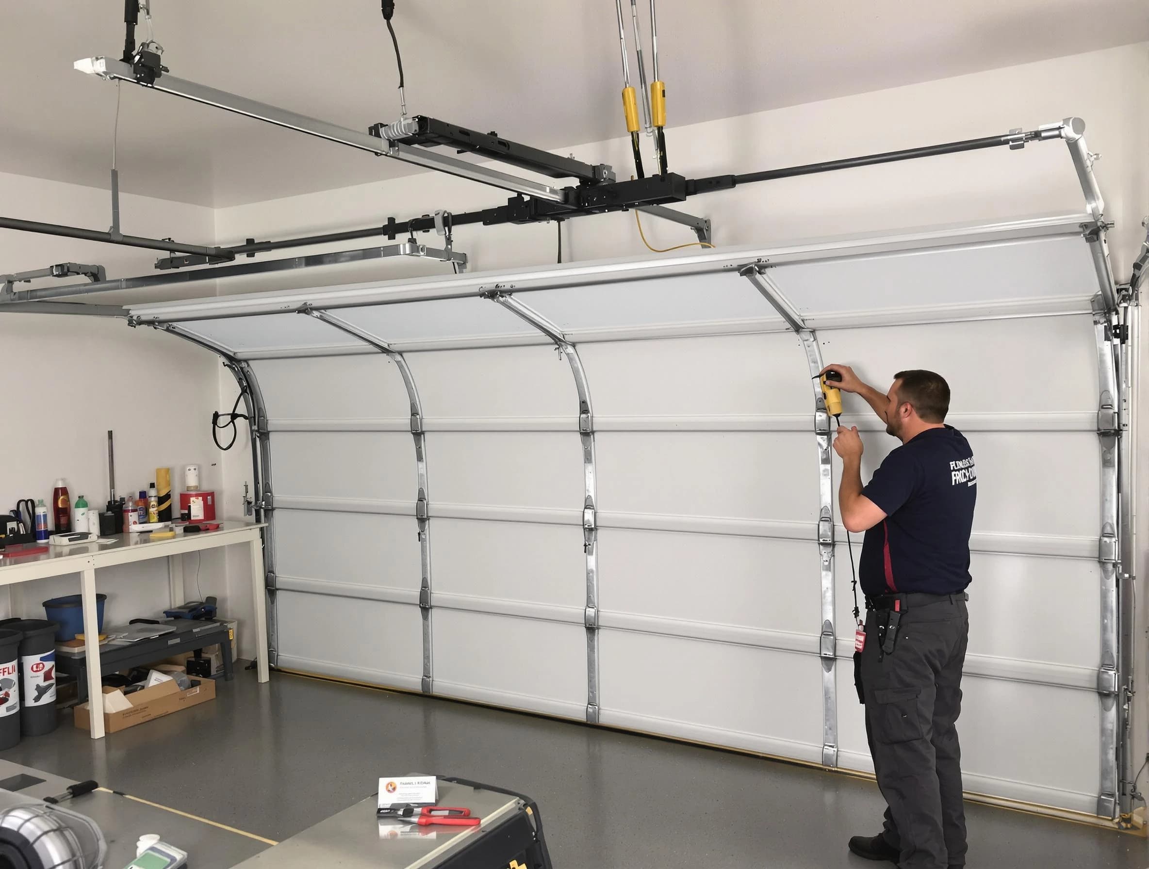 Woburn Garage Door Repair certified technician performing overhead door system repair in Woburn