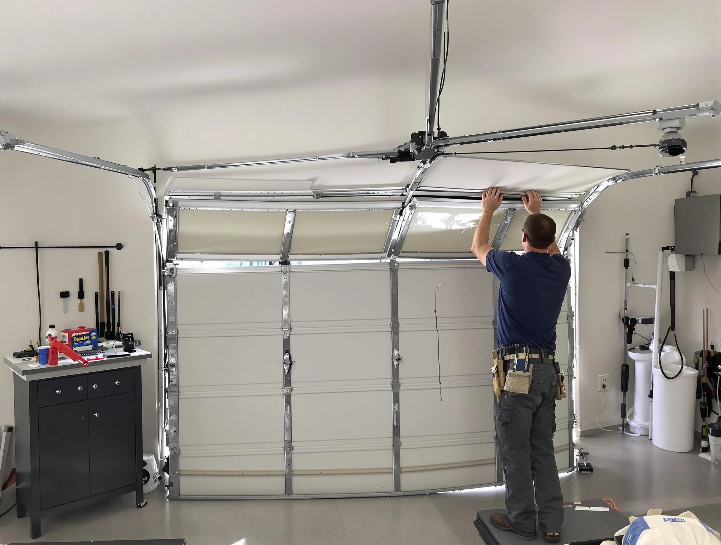 Woburn Garage Door Repair specialist performing precise section replacement on Woburn garage door
