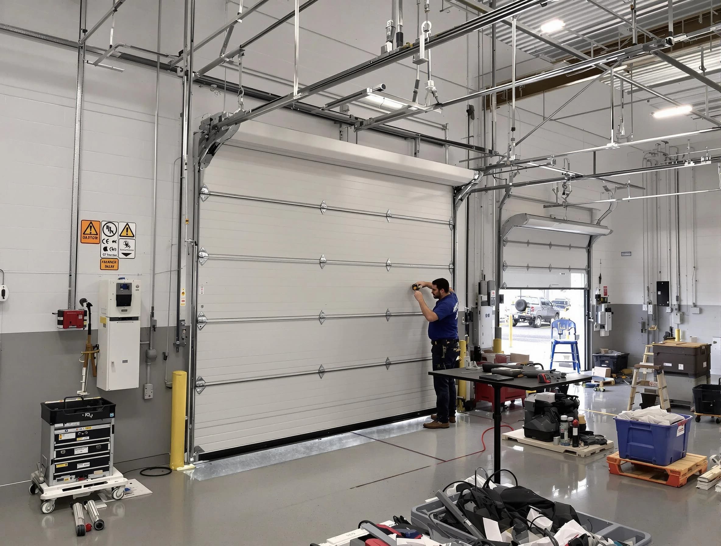 Commercial garage door repair being performed by Woburn Garage Door Repair expert in Woburn