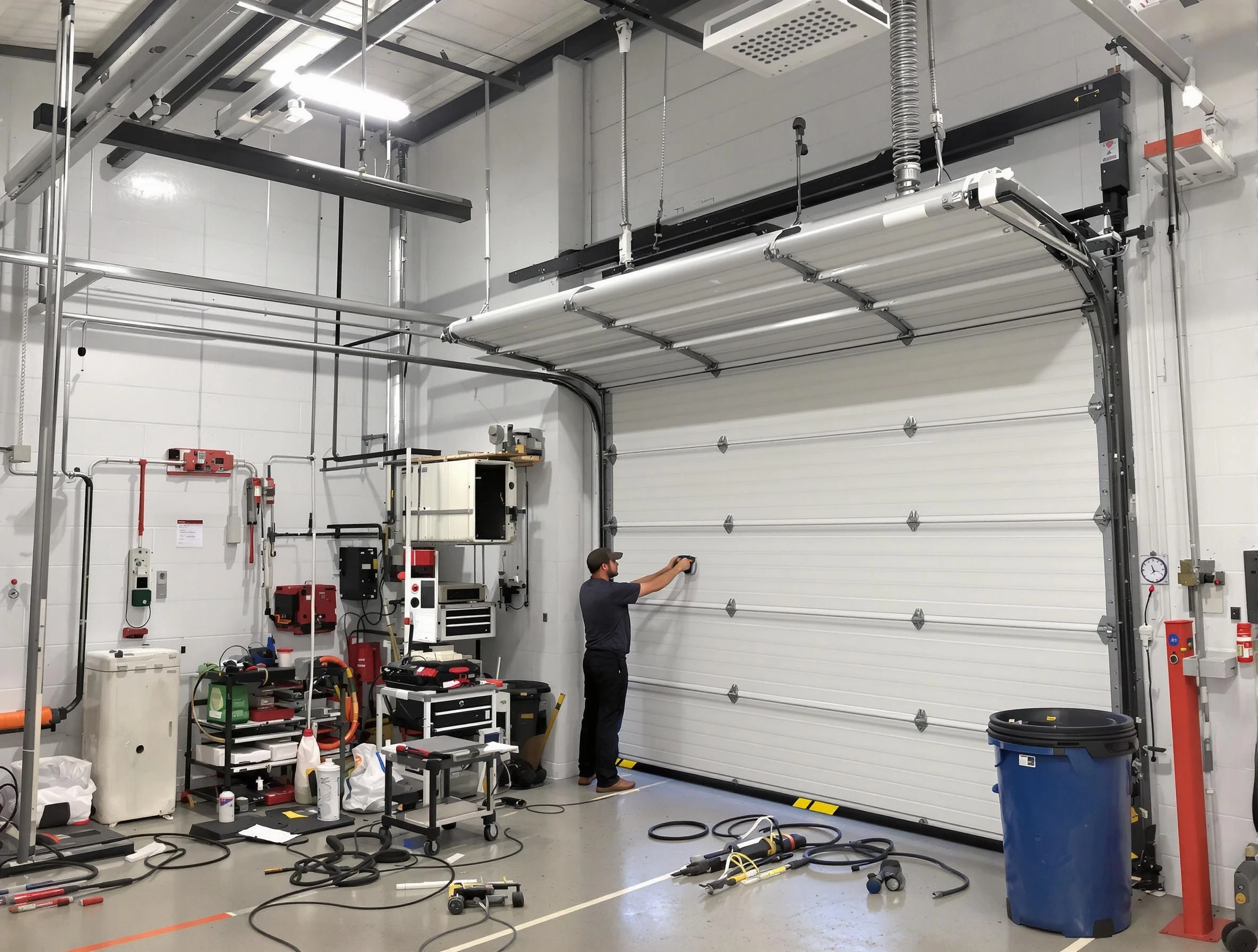 Woburn Garage Door Repair certified technician performing commercial door repair at a Woburn business facility