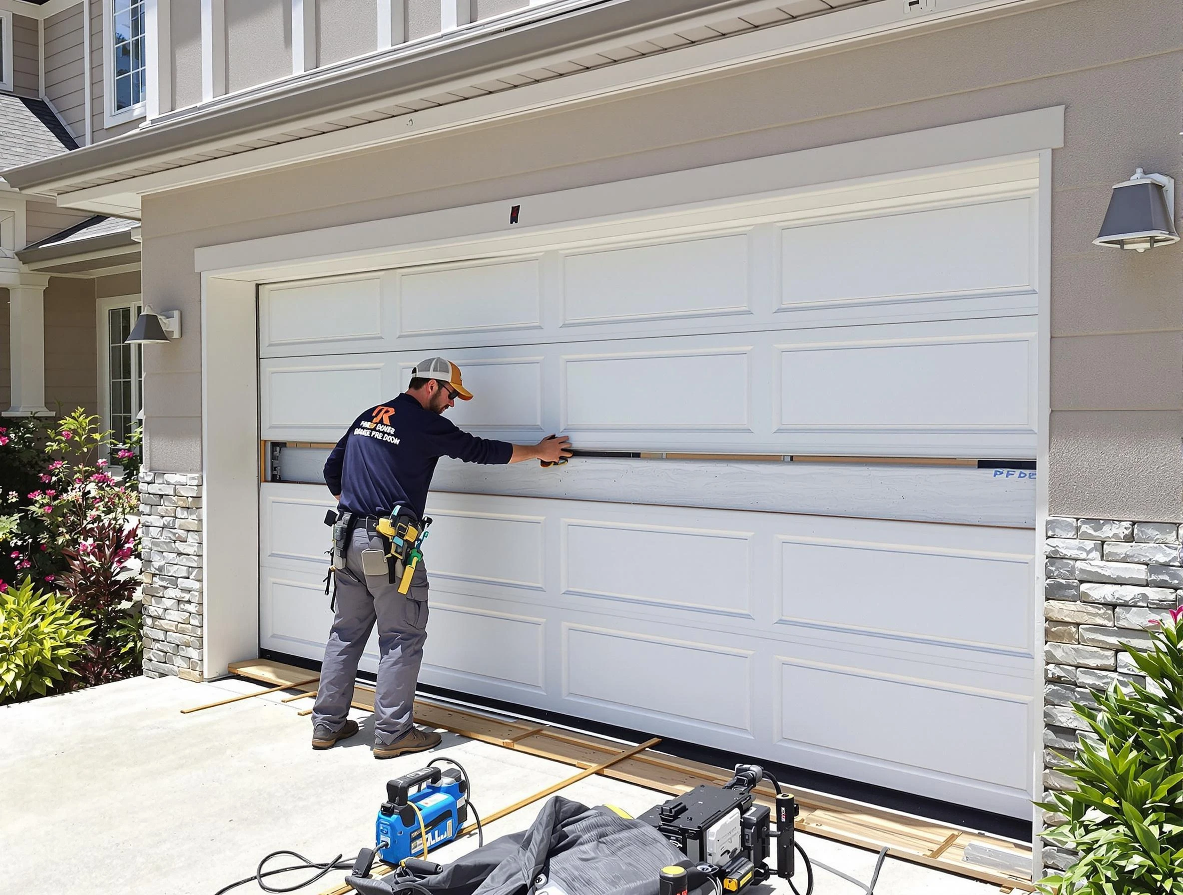 Woburn Garage Door Repair team performing complete garage door replacement at Woburn residence