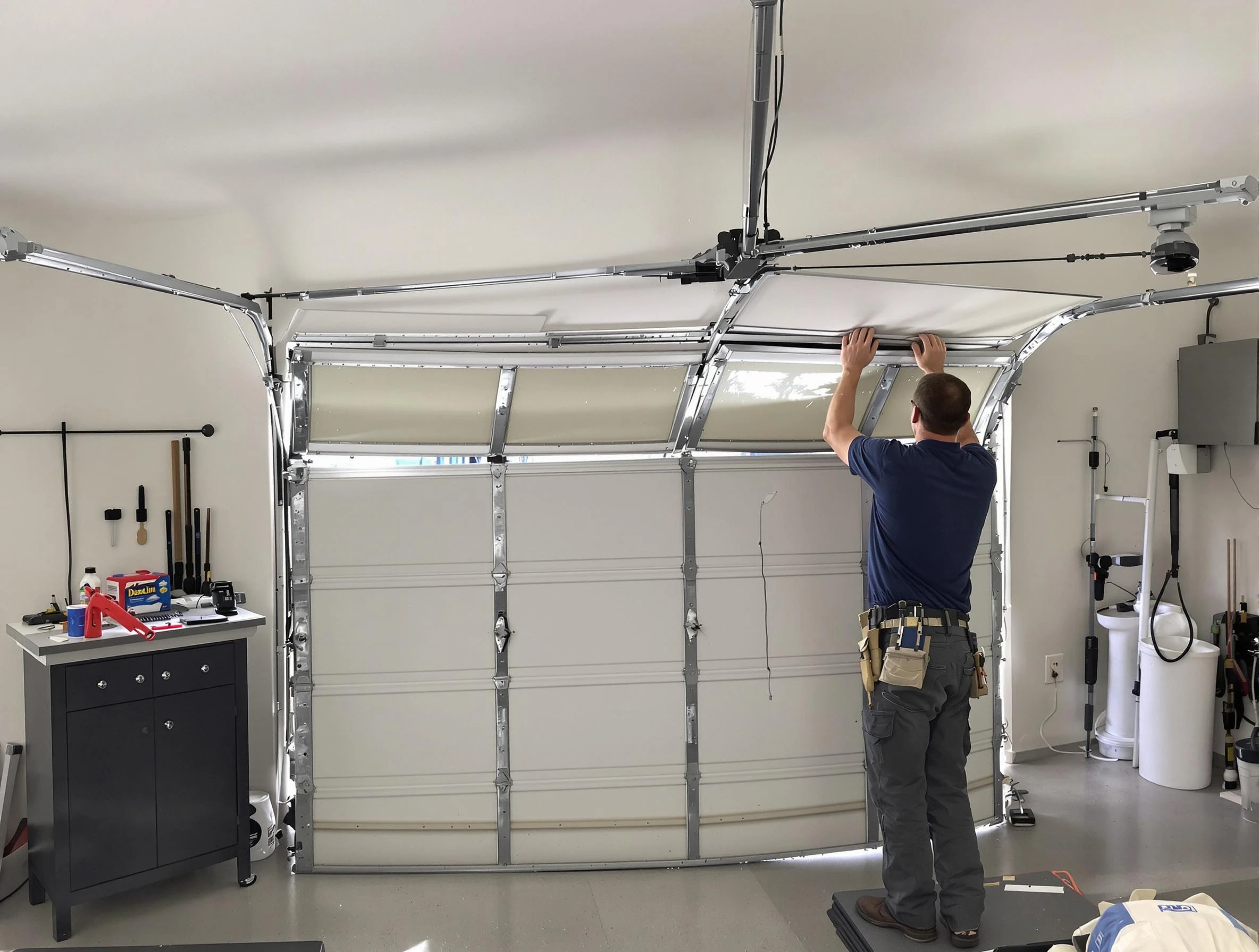 Woburn Garage Door Repair specialist performing precise section replacement on Woburn garage door