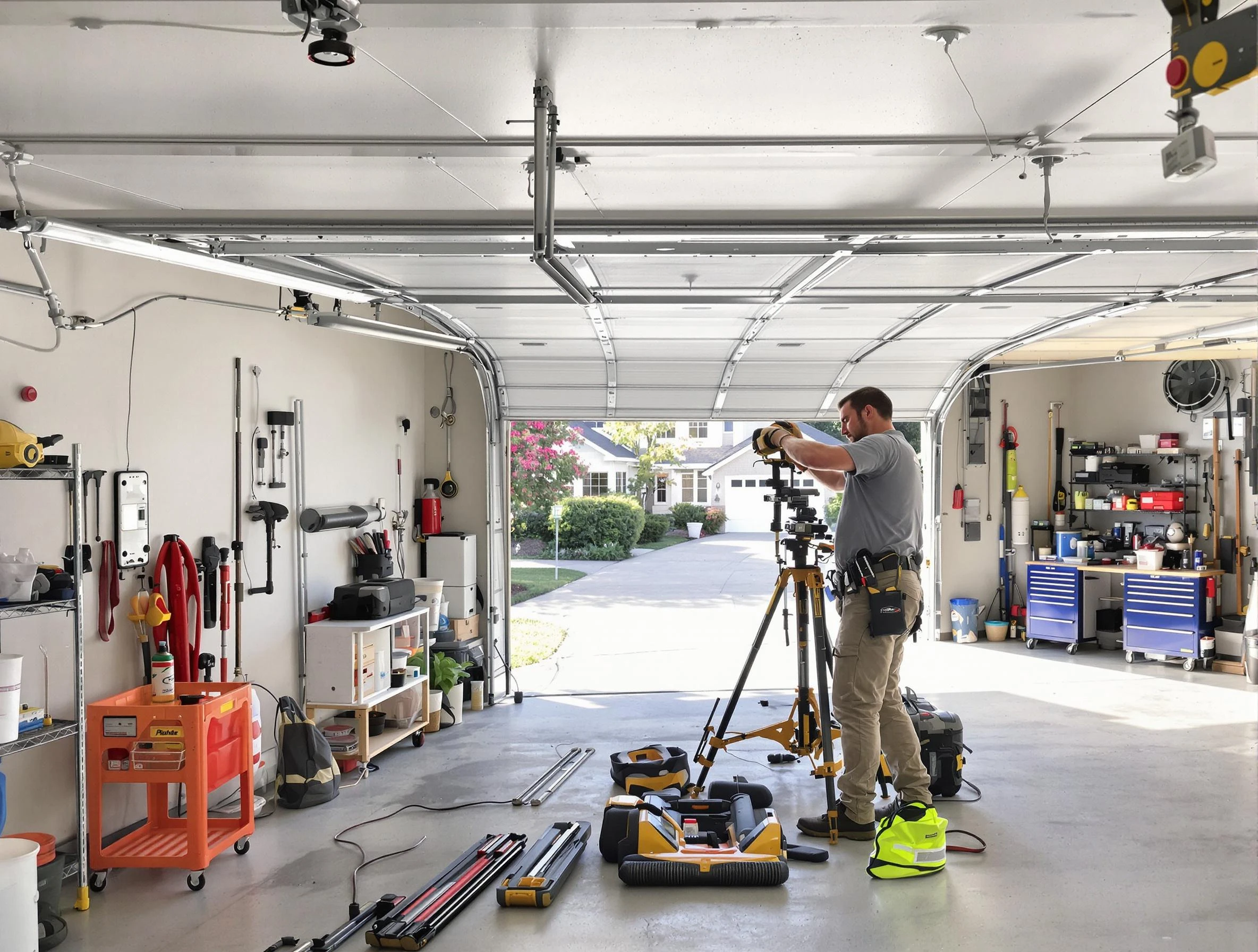 Woburn Garage Door Repair specialist performing laser-guided track alignment in Woburn